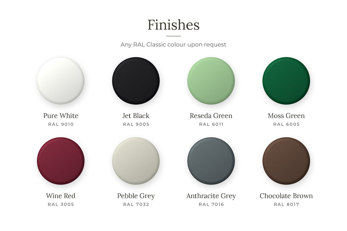 Ironex Garden finishes – Pure White RAL 9010, Jet Black RAL 9005, Reseda Green RAL 6011, Moss Green RAL 6005, Wine Red RAL 3005, Pebble Grey RAL 7032, Anthracite Grey RAL 7016, Chocolate Brown RAL 8017