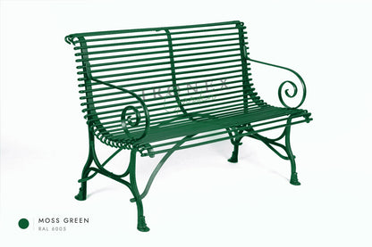 Panchina Arras a 2 posti in Verde muschio RAL 6005 – ferro battuto forgiato a mano da Ironex Garden