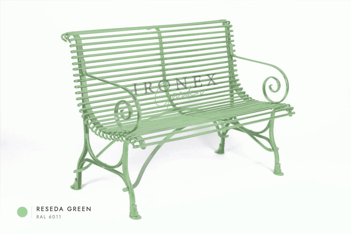 Panchina Arras a 2 posti in Verde reseda RAL 6011 – ferro battuto forgiato a mano da Ironex Garden