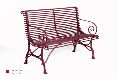 Panchina Arras a 2 posti in Rosso vino RAL 3005 – ferro battuto forgiato a mano da Ironex Garden