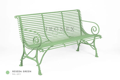 Arras 3-Seater Bench in Reseda Green RAL 6011 – hand-forged wrought iron by Ironex Garden