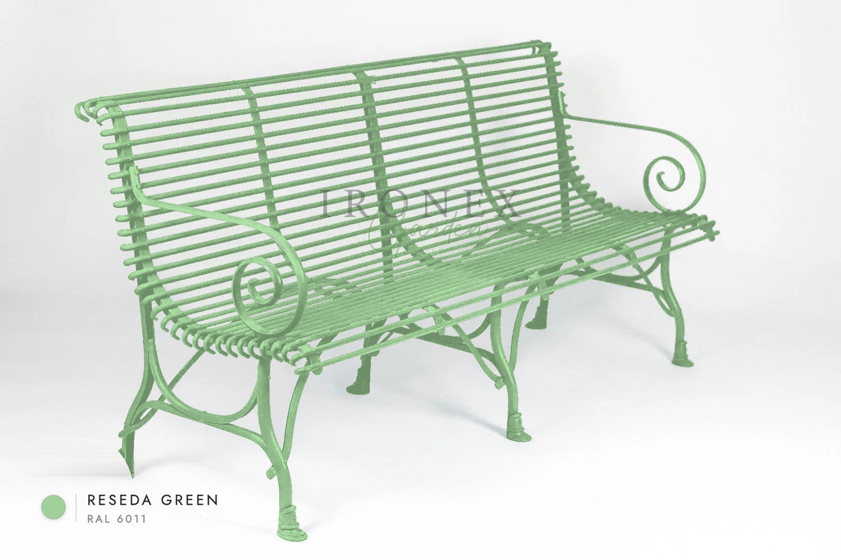 Arras 4-Seater Bench in Reseda Green RAL 6011 – hand-forged wrought iron by Ironex Garden