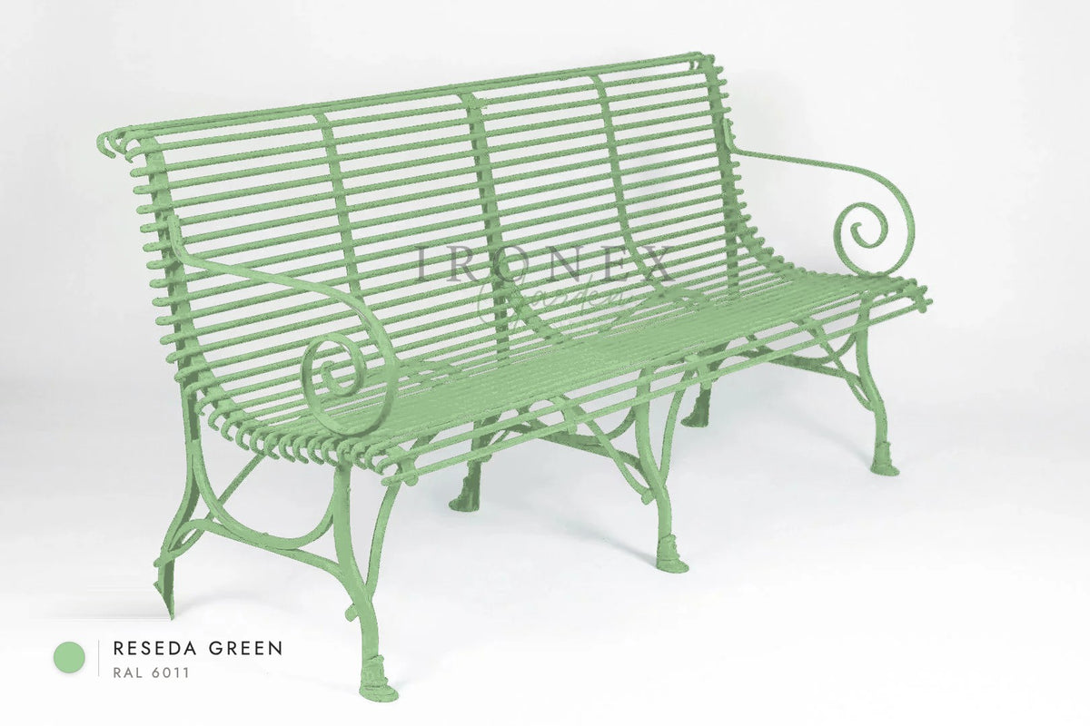 Arras 4-Seater Bench in Reseda Green RAL 6011 – hand-forged wrought iron by Ironex Garden