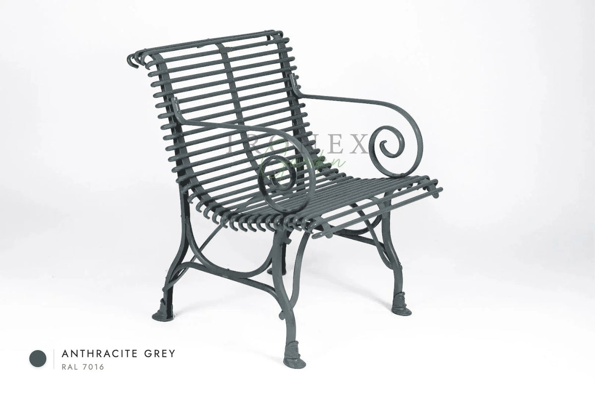 Arras-Sessel in Anthrazitgrau RAL 7016 – handgeschmiedetes Schmiedeeisen von Ironex Garden