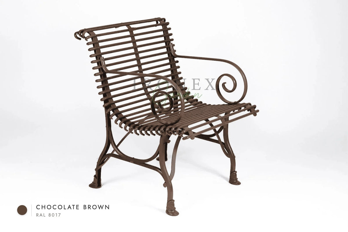 Arras-Sessel in Schokoladenbraun RAL 8017 – handgeschmiedetes Schmiedeeisen von Ironex Garden