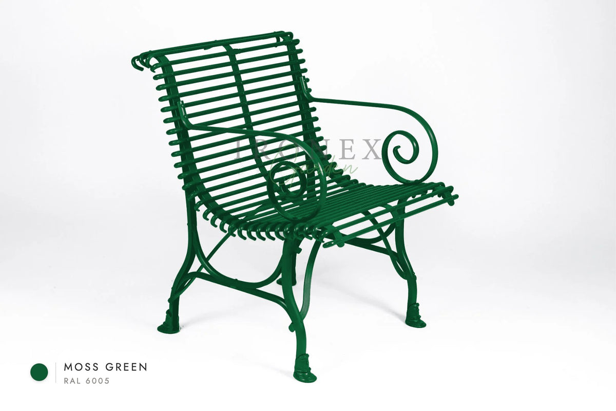Arras Armchair in Moss Green RAL 6005 – hand-forged wrought iron by Ironex Garden