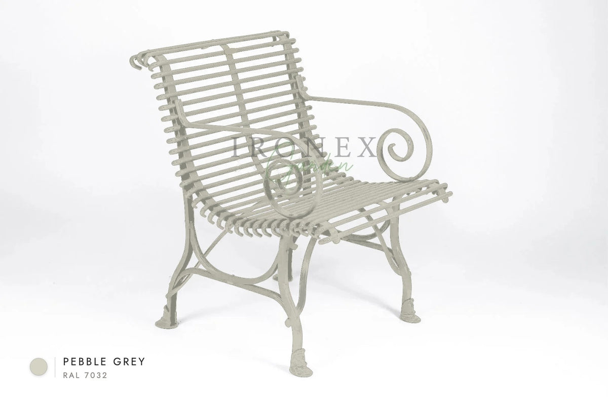 Arras-Sessel in Kieselgrau RAL 7032 – handgeschmiedetes Schmiedeeisen von Ironex Garden