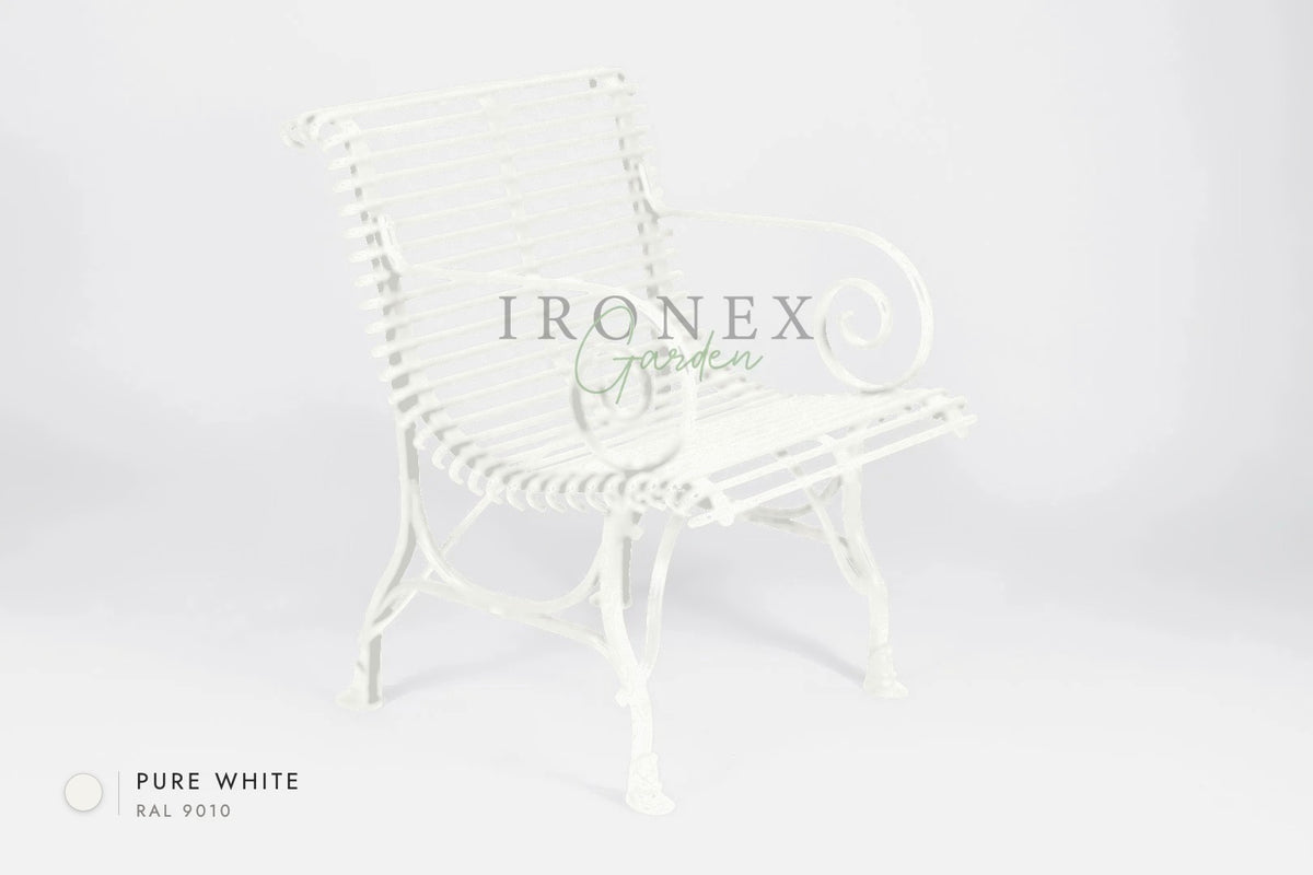 Arras-Sessel in Reinweiß RAL 9010 – handgeschmiedetes Schmiedeeisen von Ironex Garden