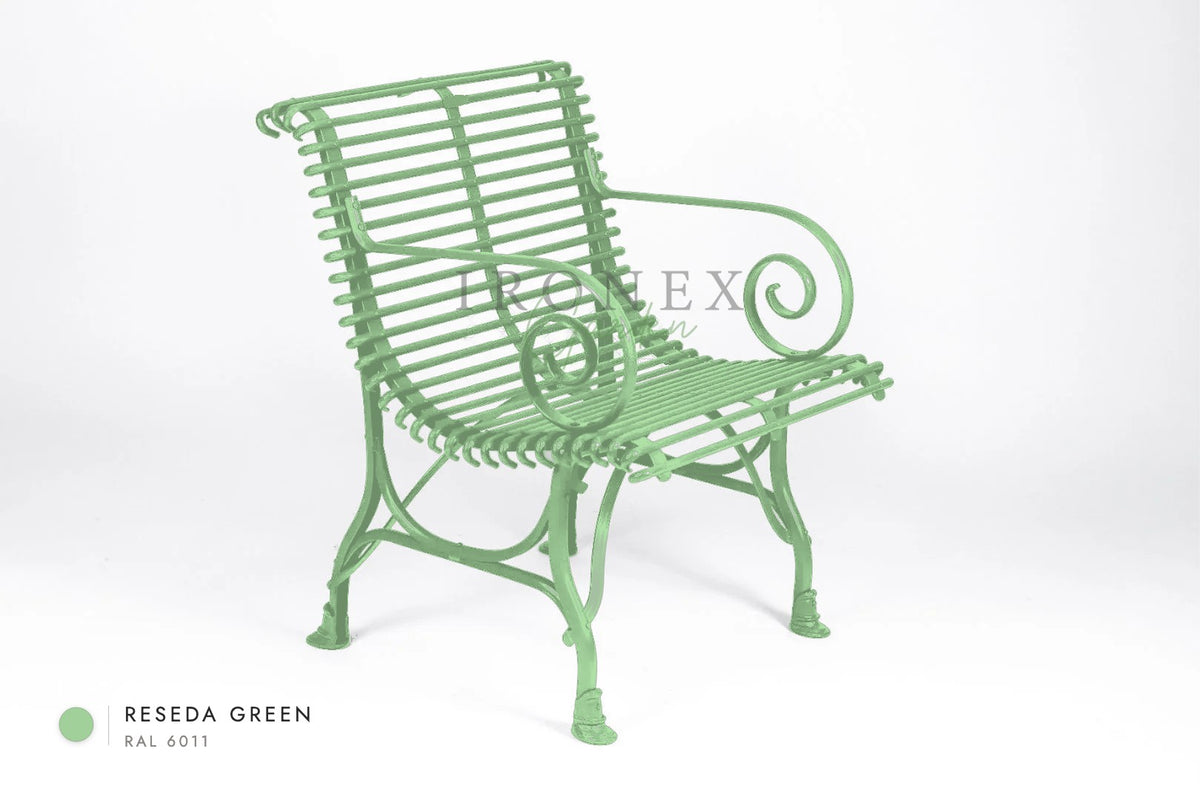 Arras Armchair in Reseda Green RAL 6011 – hand-forged wrought iron by Ironex Garden