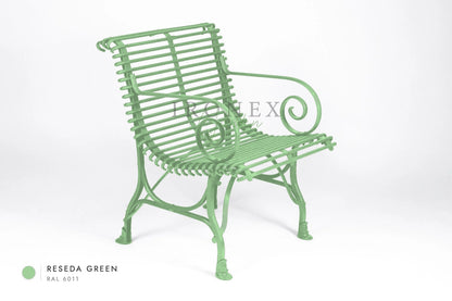 Arras Armchair in Reseda Green RAL 6011 – hand-forged wrought iron by Ironex Garden