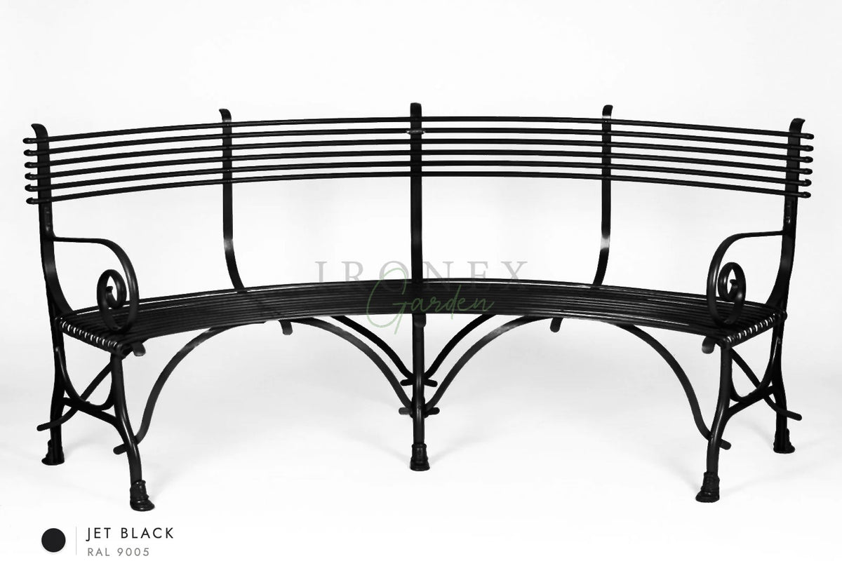 Geschwungene Arras-Bank in Tiefschwarz RAL 9005 – handgeschmiedetes Schmiedeeisen von Ironex Garden