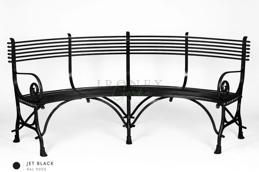Panchina curva Arras in Nero intenso RAL 9005 – ferro battuto forgiato a mano da Ironex Garden