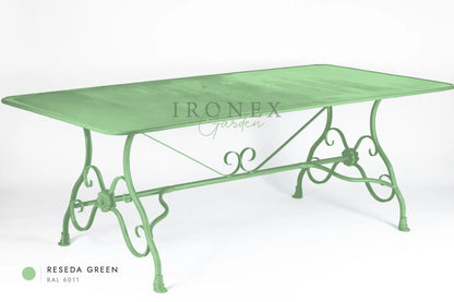 Arras Dining Table in Reseda Green RAL 6011 – hand-forged wrought iron by Ironex Garden