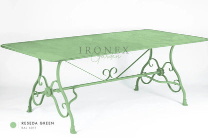 Arras Dining Table in Reseda Green RAL 6011 – hand-forged wrought iron by Ironex Garden
