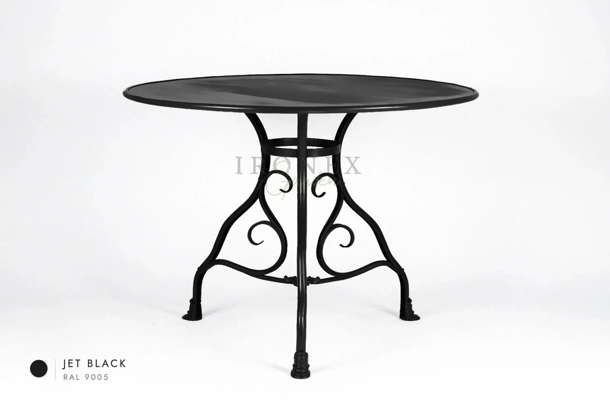 Runder Arras-Tisch in Tiefschwarz RAL 9005 – handgeschmiedetes Schmiedeeisen von Ironex Garden