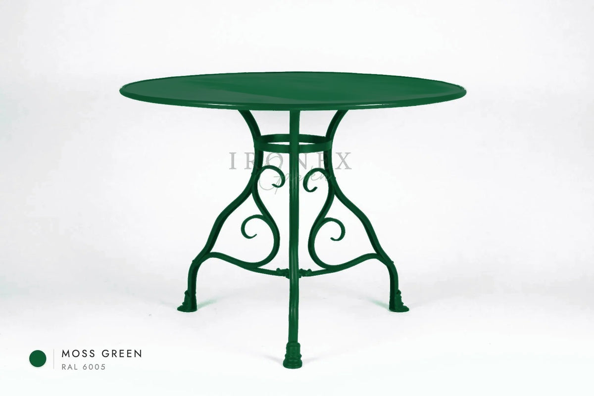 Runder Arras-Tisch in Moosgrün RAL 6005 – handgeschmiedetes Schmiedeeisen von Ironex Garden