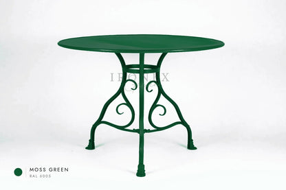 Runder Arras-Tisch in Moosgrün RAL 6005 – handgeschmiedetes Schmiedeeisen von Ironex Garden