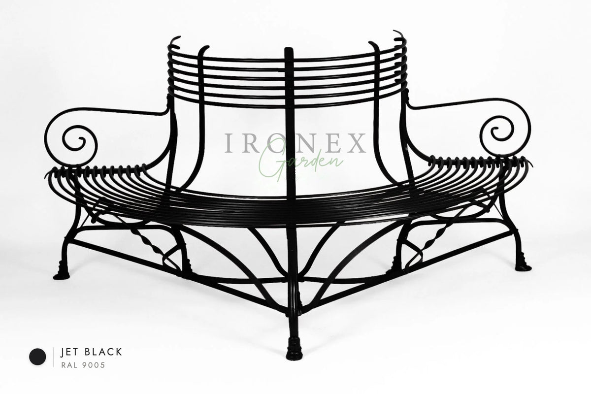 Arras Tree Bench in Jet Black RAL 9005 – hand-forged wrought iron by Ironex Garden