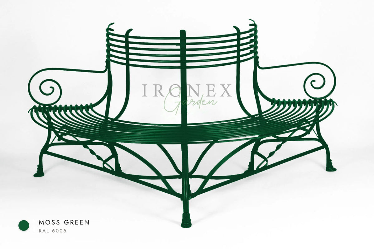 Arras Tree Bench in Moss Green RAL 6005 – hand-forged wrought iron by Ironex Garden