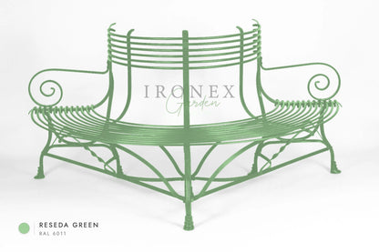 Arras Tree Bench in Reseda Green RAL 6011 – hand-forged wrought iron by Ironex Garden