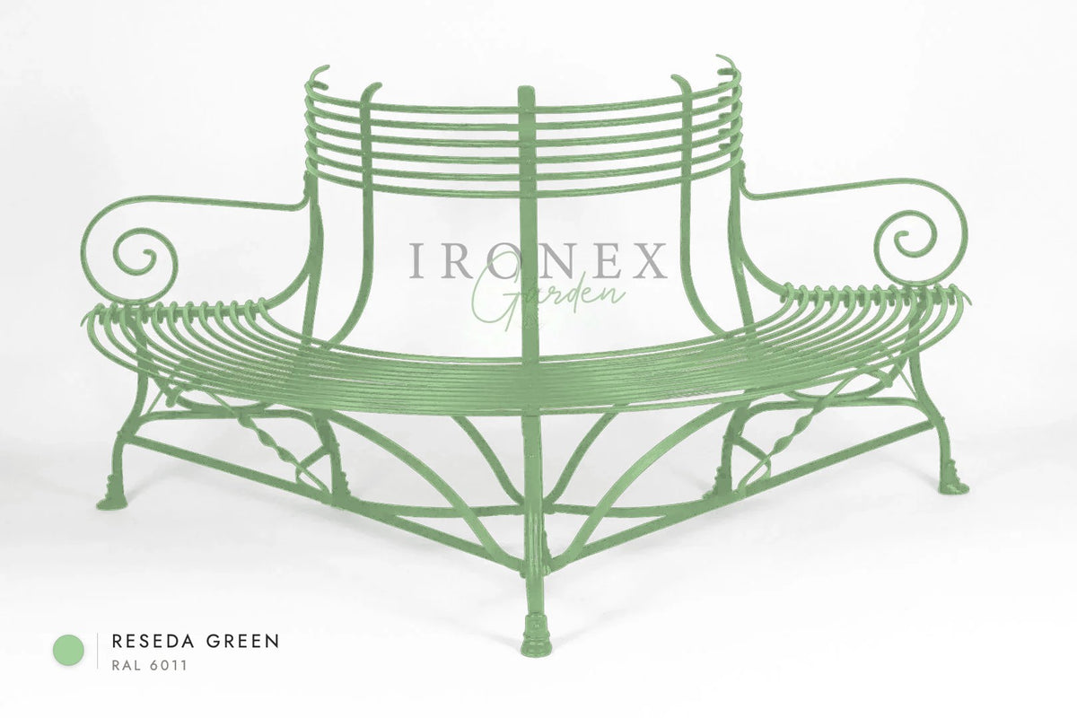 Arras Tree Bench in Reseda Green RAL 6011 – hand-forged wrought iron by Ironex Garden