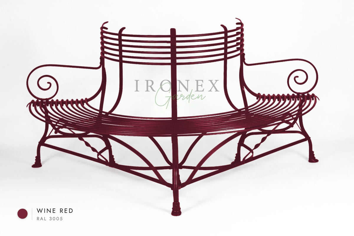 Arras Tree Bench in Wine Red RAL 3005 – hand-forged wrought iron by Ironex Garden