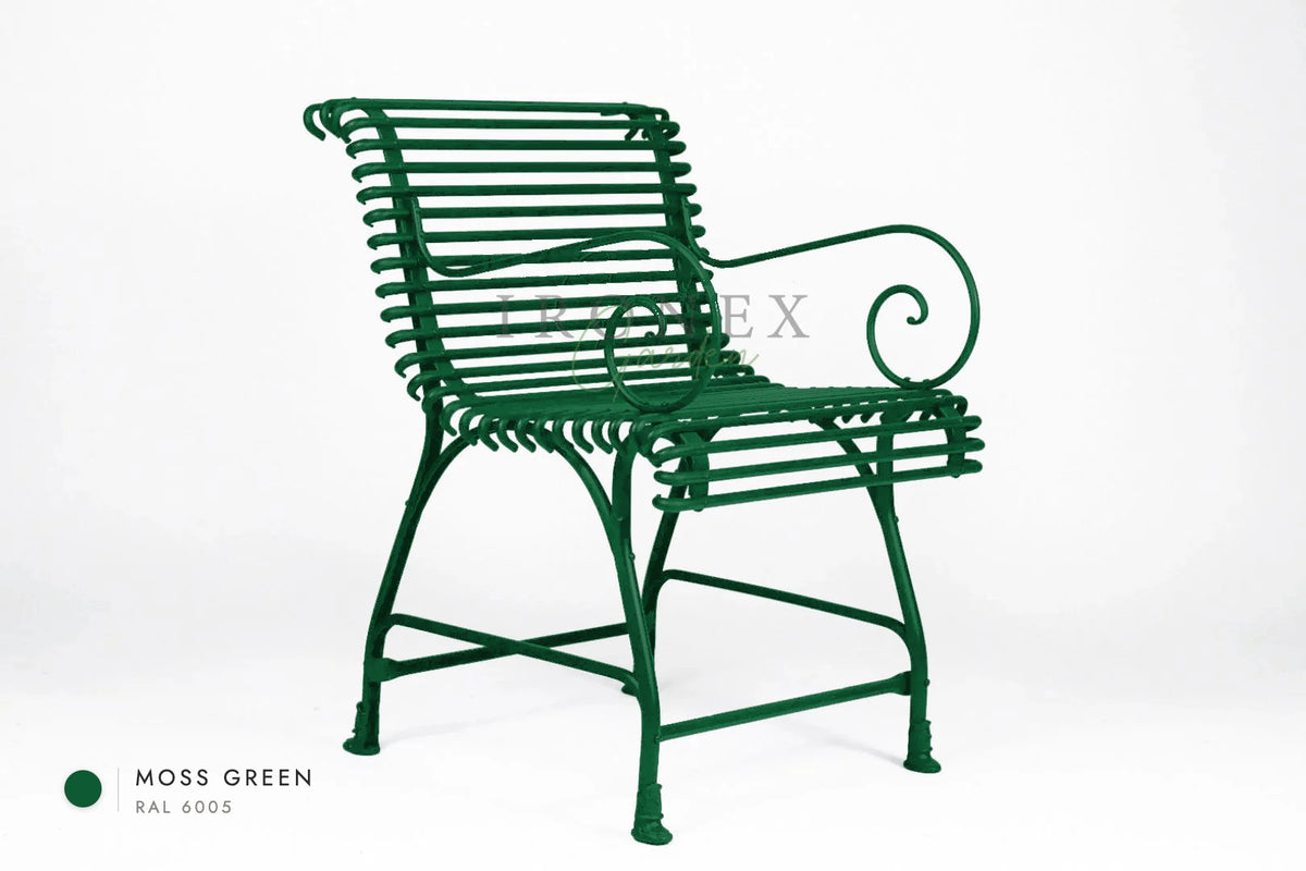 Arras US Armchair Full with Hooves in Moss Green RAL 6005 – hand-forged wrought iron by Ironex Garden