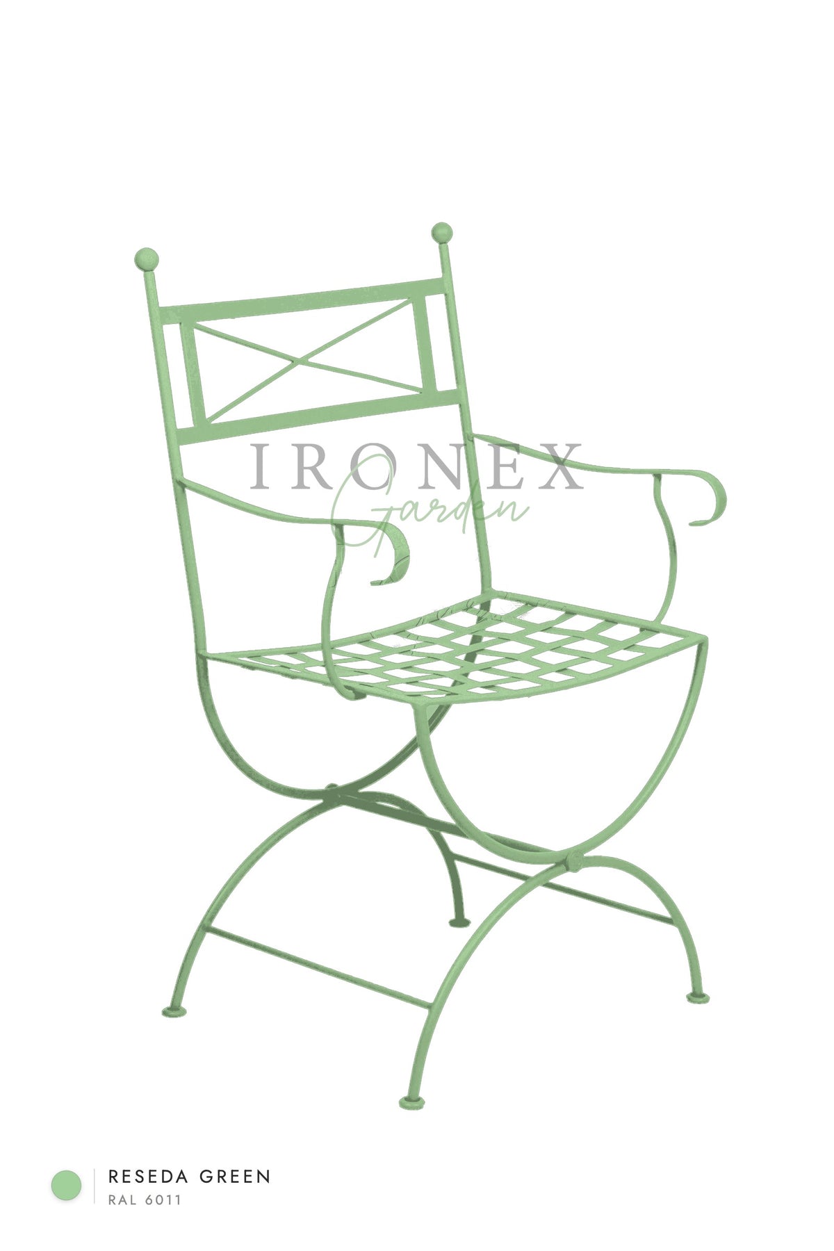Eden Armchair in Reseda Green RAL 6011 – hand-forged wrought iron by Ironex Garden
