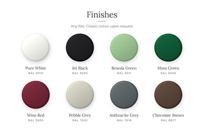Ironex Garden finishes – Pure White RAL 9010, Jet Black RAL 9005, Reseda Green RAL 6011, Moss Green RAL 6005, Wine Red RAL 3005, Pebble Grey RAL 7032, Anthracite Grey RAL 7016, Chocolate Brown RAL 8017