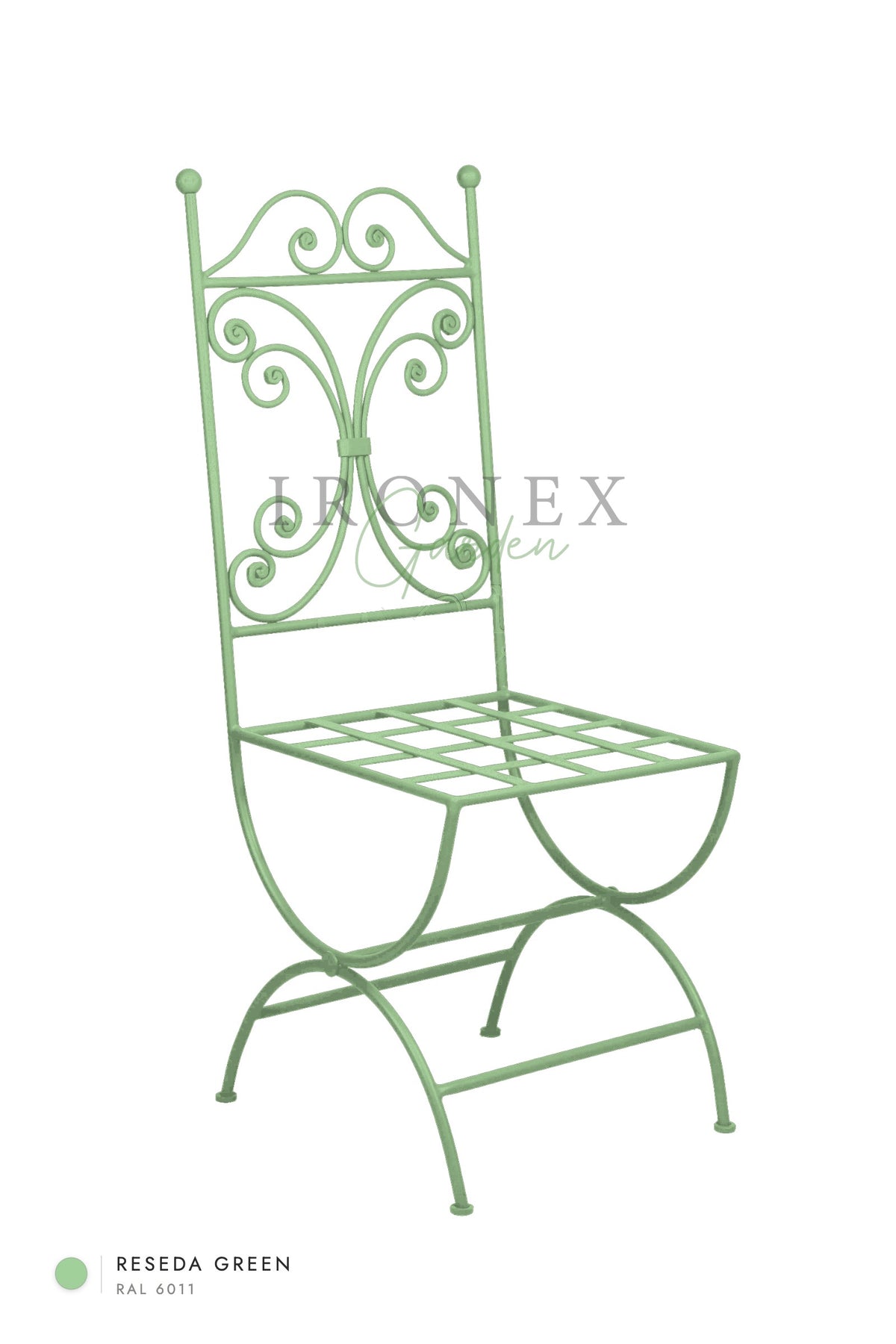 Lily Chair in Reseda Green RAL 6011 – hand-forged wrought iron by Ironex Garden