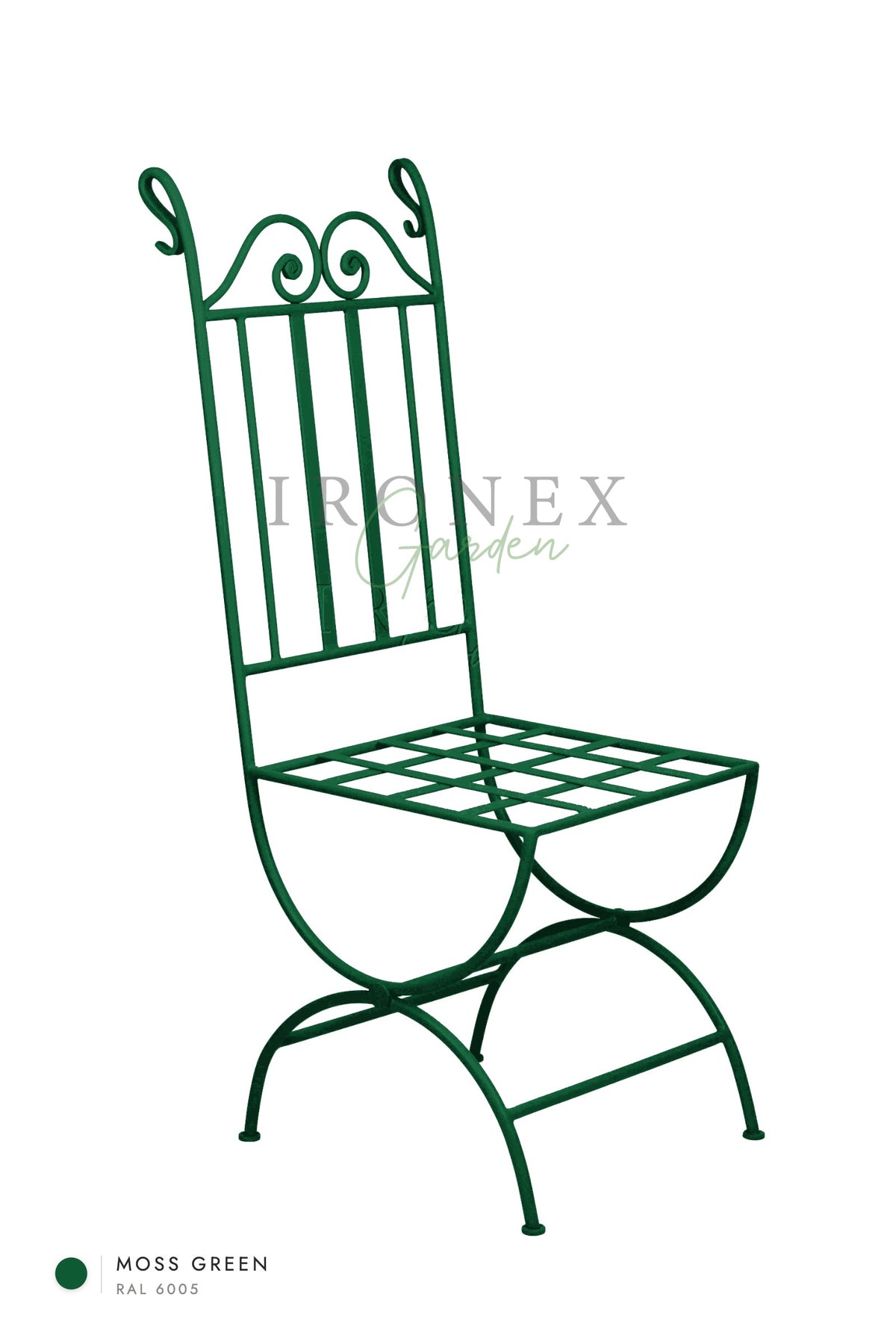 Moon Chair in Moss Green RAL 6005 – hand-forged wrought iron by Ironex Garden