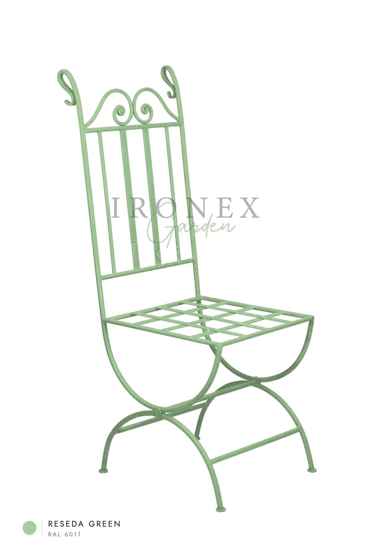 Moon Chair in Reseda Green RAL 6011 – hand-forged wrought iron by Ironex Garden