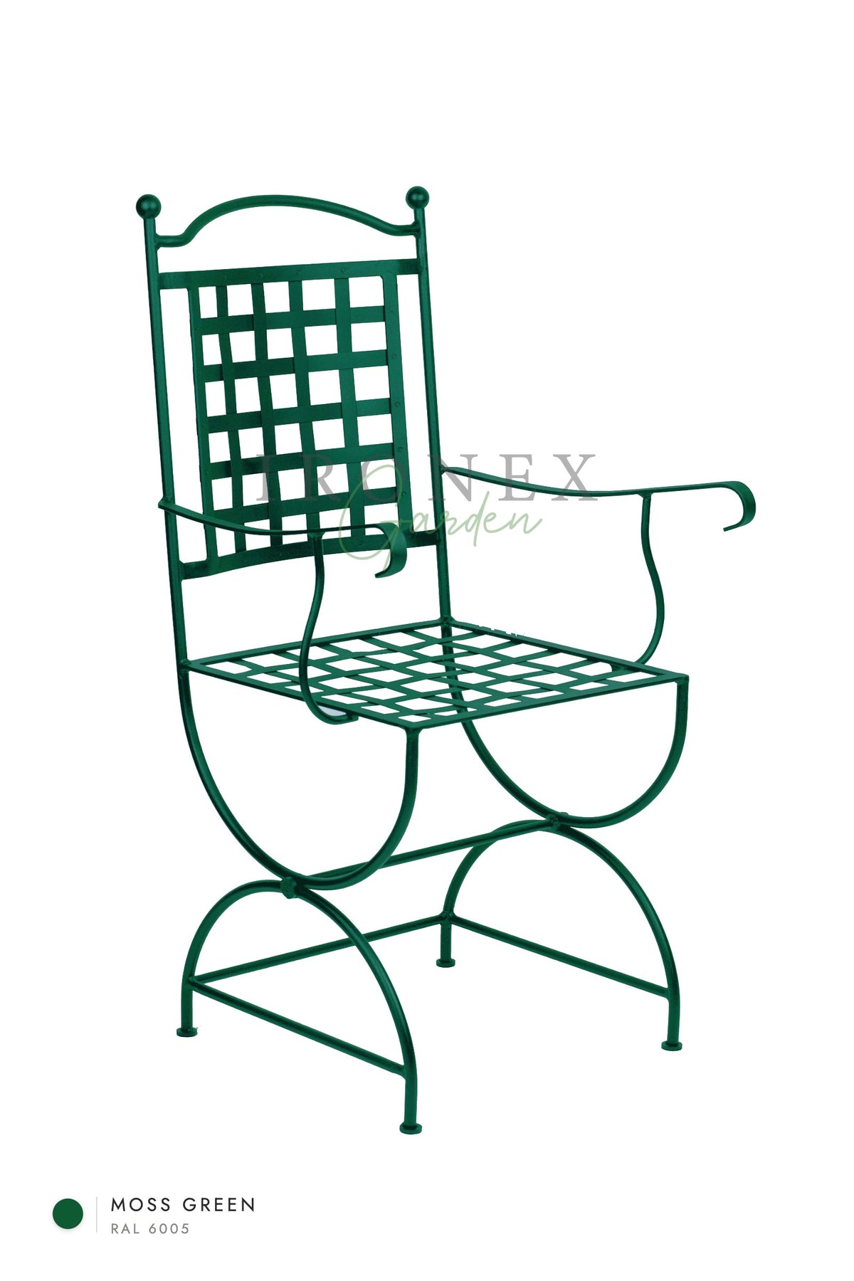 Fauteuil Paris, coloris Vert mousse RAL 6005 – fer forgé à la main par Ironex Garden