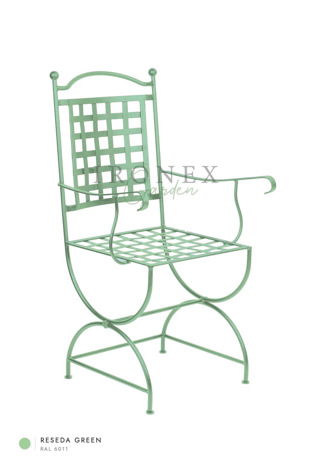 Fauteuil Paris, coloris Vert réséda RAL 6011 – fer forgé à la main par Ironex Garden